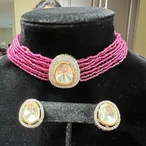 🆕 Gold Plated Polki Choker Necklace Set